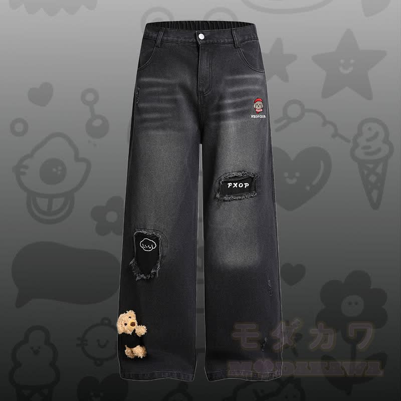 Gestreiftes Welpen-Stickhemd, 3D-Bär-Zerrissene Jeans, Modakawa-Partnerlook - Schwarze Hose - XL - image 5