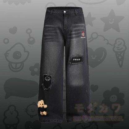 Gestreiftes Welpen-Stickhemd, 3D-Bär-Zerrissene Jeans, Modakawa-Partnerlook - Schwarze Hose - XL - image 5
