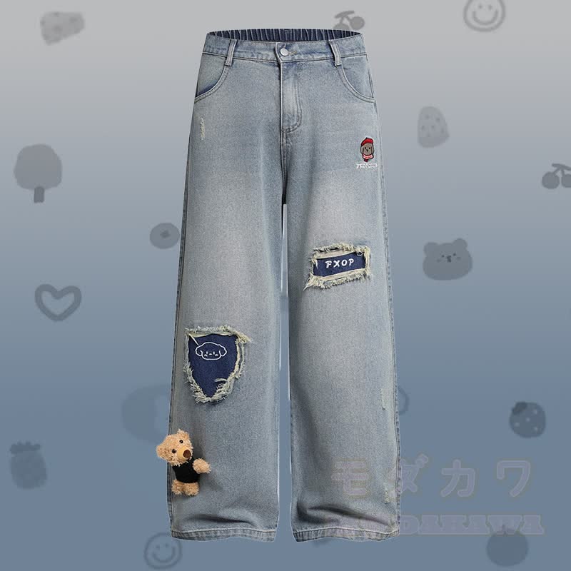 Gestreiftes Welpen-Stickhemd, 3D-Bär-Zerrissene Jeans, Modakawa-Partnerlook - Blaue Hose - XL - image 4