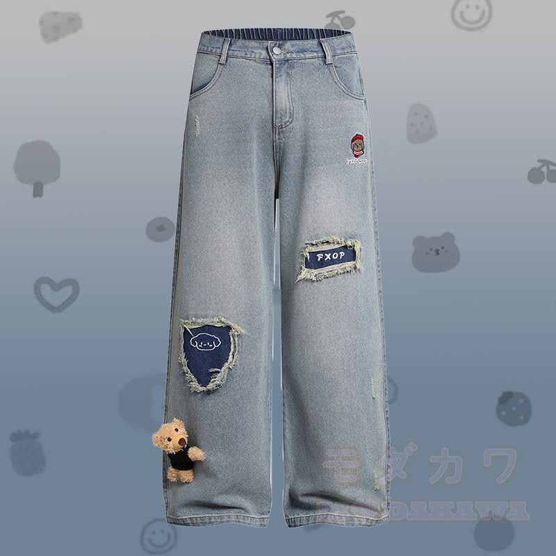 Gestreiftes Welpen-Stickhemd, 3D-Bär-Zerrissene Jeans, Modakawa-Partnerlook - Blaue Hose - XL - image 4