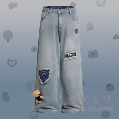 Gestreiftes Welpen-Stickhemd, 3D-Bär-Zerrissene Jeans, Modakawa-Partnerlook - Blaue Hose - XL - image 4