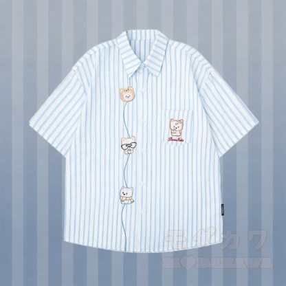 Gestreiftes Welpen-Stickhemd, 3D-Bär-Zerrissene Jeans, Modakawa-Partnerlook - Blaues Hemd - XL - image 2