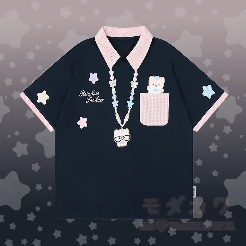 Polo-Shirt mit Welpenmotiv, Sternen-Jeans, Modakawa-Partnerlook - Lilablaues T-Shirt - XL - image 2