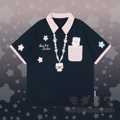 Polo-Shirt mit Welpenmotiv, Sternen-Jeans, Modakawa-Partnerlook - Lilablaues T-Shirt - XL - image 2
