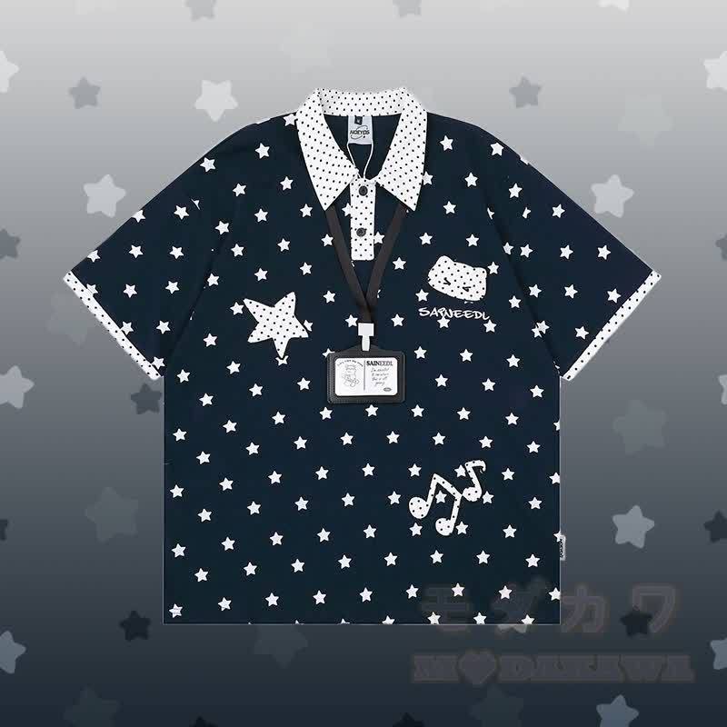 Polo-Shirt mit Polka-Dot- und Sternenmotiv, zerrissene Jeans mit 3D-Bärenkette von Modakawa (passendes Outfit) - Lilablaues T-Shirt - XL - image 3