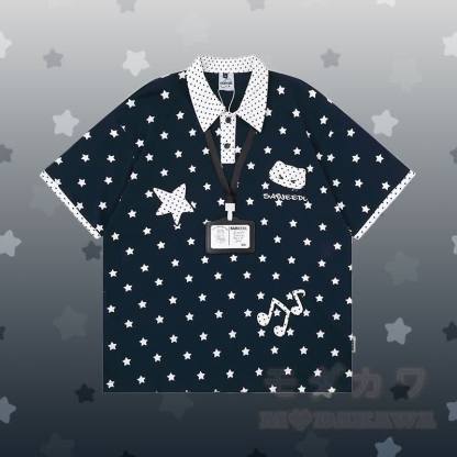 Polo-Shirt mit Polka-Dot- und Sternenmotiv, zerrissene Jeans mit 3D-Bärenkette von Modakawa (passendes Outfit) - Lilablaues T-Shirt - XL - image 3