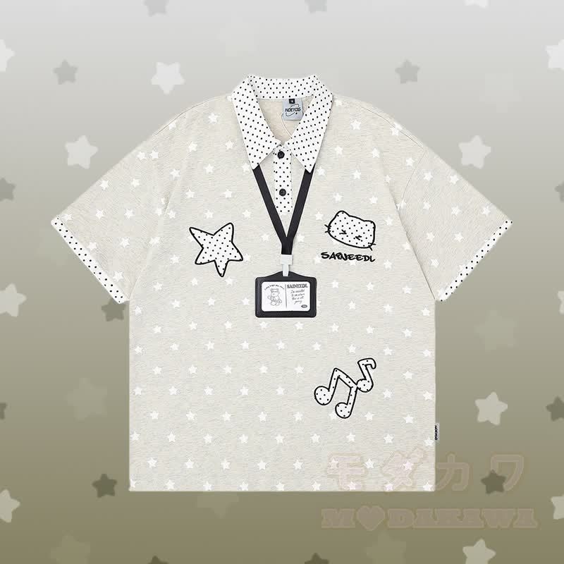 Polo-Shirt mit Polka-Dot- und Sternenmotiv, zerrissene Jeans mit 3D-Bärenkette von Modakawa (passendes Outfit) - Graues T-Shirt - XL - image 2