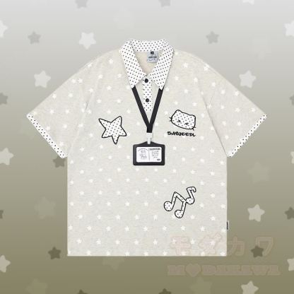 Polo-Shirt mit Polka-Dot- und Sternenmotiv, zerrissene Jeans mit 3D-Bärenkette von Modakawa (passendes Outfit) - Graues T-Shirt - XL - image 2