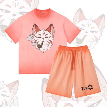 Smoking Fox Grafik Vintage Washed T-Shirt FOX Letter Grafik Shorts Modakawa Gradient Zweiteiliges Set - Orange - 5XL - image 2