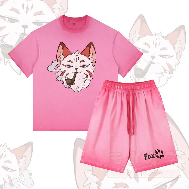 Smoking Fox Grafik Vintage Washed T-Shirt FOX Letter Grafik Shorts Modakawa Gradient Zweiteiliges Set - Rosenrot - 5XL - image 1
