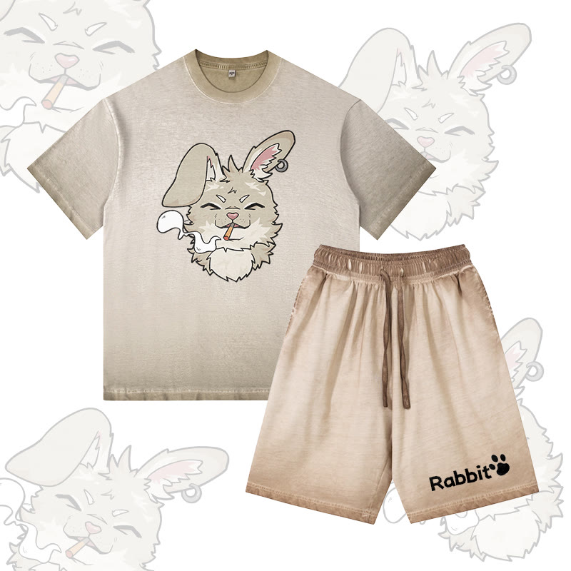 Nabi Smoking Bunny Grafik Vintage Washed T-Shirt RABBIT Buchstaben Grafik Shorts Modakawa Gradient Zweiteiliges Set - Khaki - 5XL - image 1