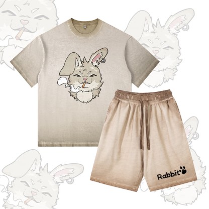 Nabi Smoking Bunny Grafik Vintage Washed T-Shirt RABBIT Buchstaben Grafik Shorts Modakawa Gradient Zweiteiliges Set - Khaki - 5XL - image 1