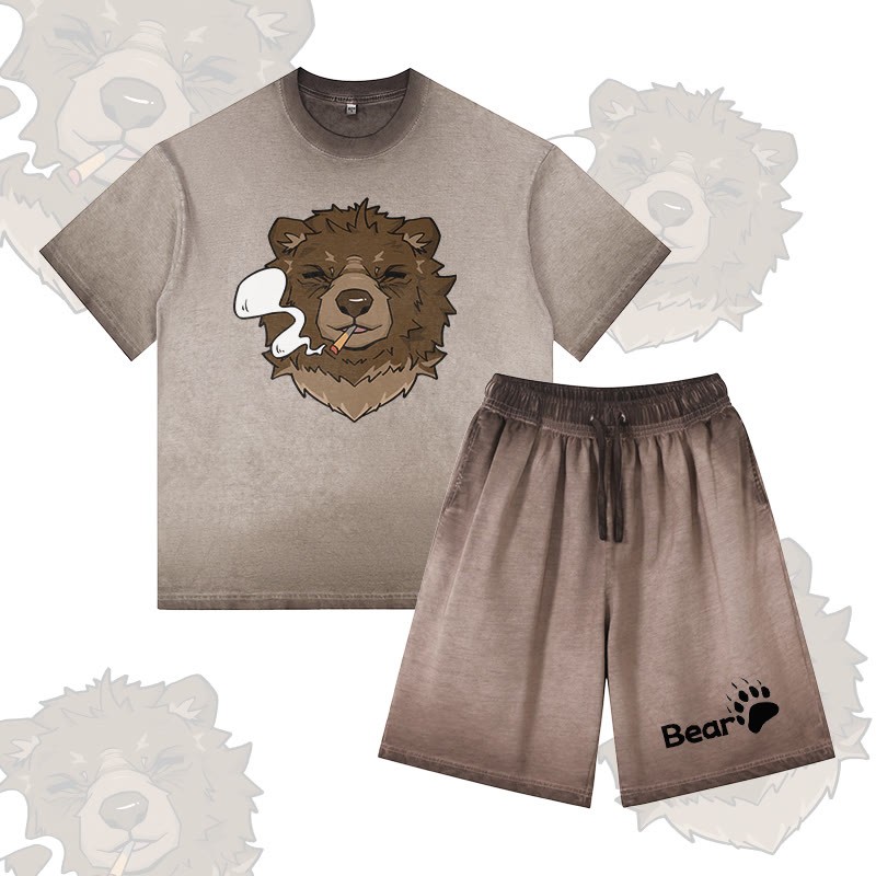Smoking Bear Grafik Vintage Washed T-Shirt, BEAR Buchstaben Grafik Shorts, Modakawa Gradient Zweiteiliges Set - Brown - 5XL - image 1