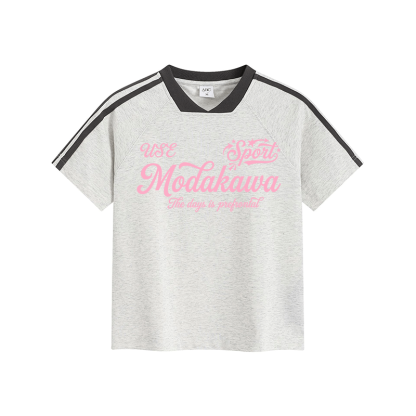 USE SPORT Graphic Modakawa Vintage Stripe V-Neck T-Shirt - Light Gray - L - image 1