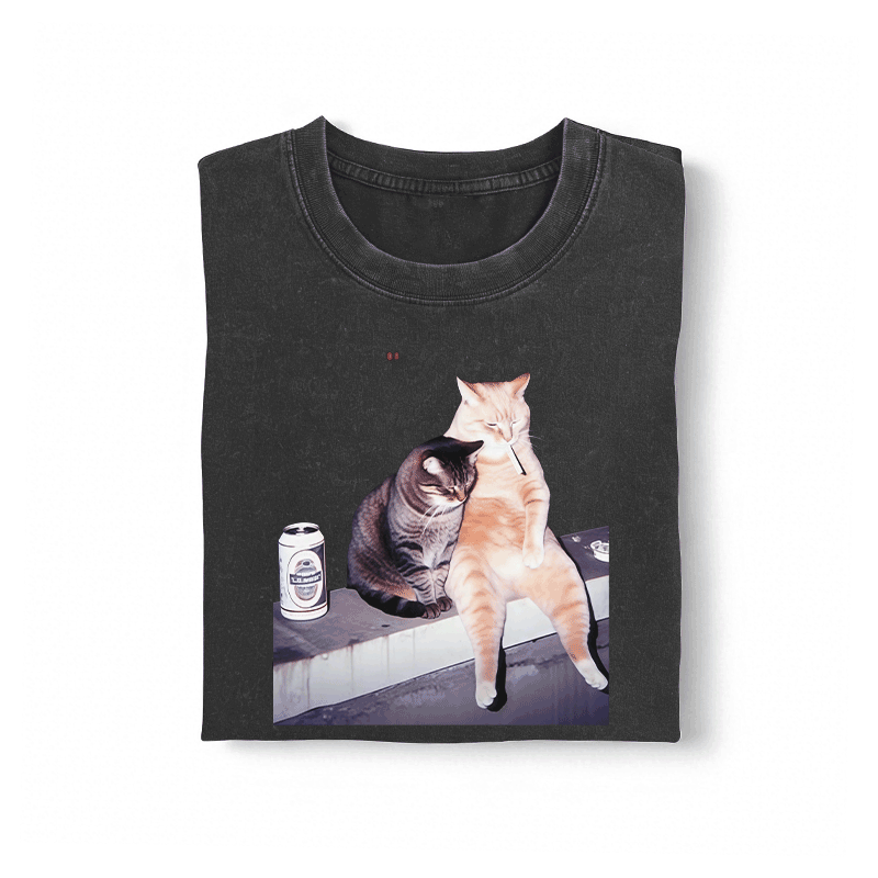 Modakawa Unisex Vintage Washed T-Shirt mit Raucherkatzen-Motiv - image 1