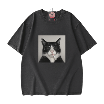 Modakawa Unisex Vintage Washed T-Shirt mit Raucherbrillen-Katzenmotiv - Black - 5XL - image 2