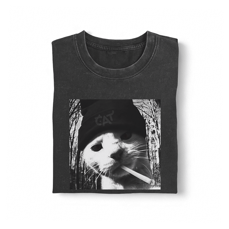 Modakawa Unisex Vintage Washed T-Shirt mit Vintage-Motiv einer rauchenden Katze - image 1