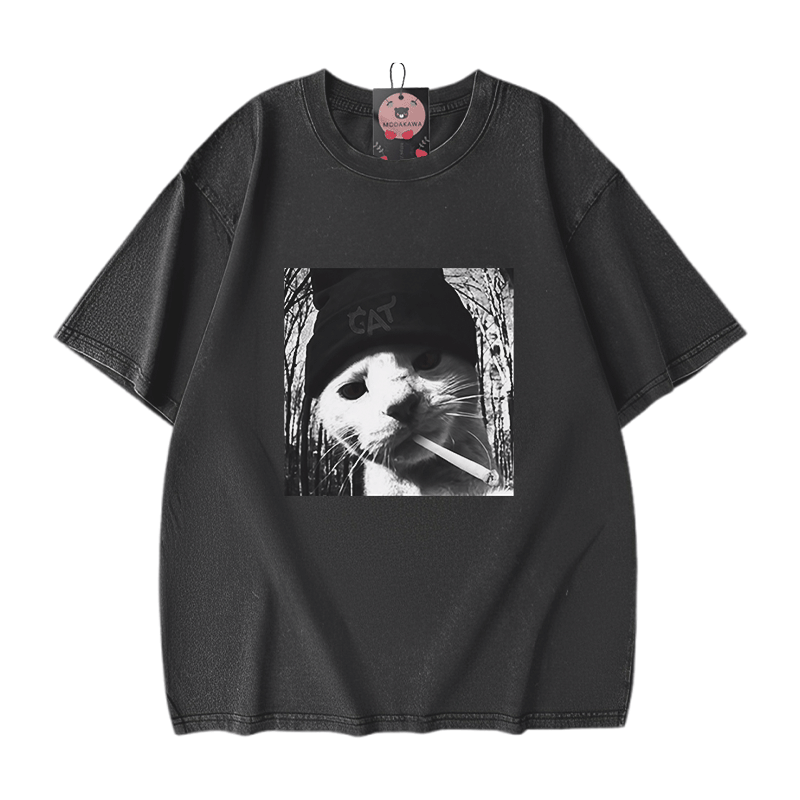 Modakawa Unisex Vintage Washed T-Shirt mit Vintage-Motiv einer rauchenden Katze - Black - 5XL - image 2