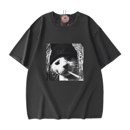 Modakawa Unisex Vintage Washed T-Shirt mit Vintage-Motiv einer rauchenden Katze - Black - 5XL - image 2