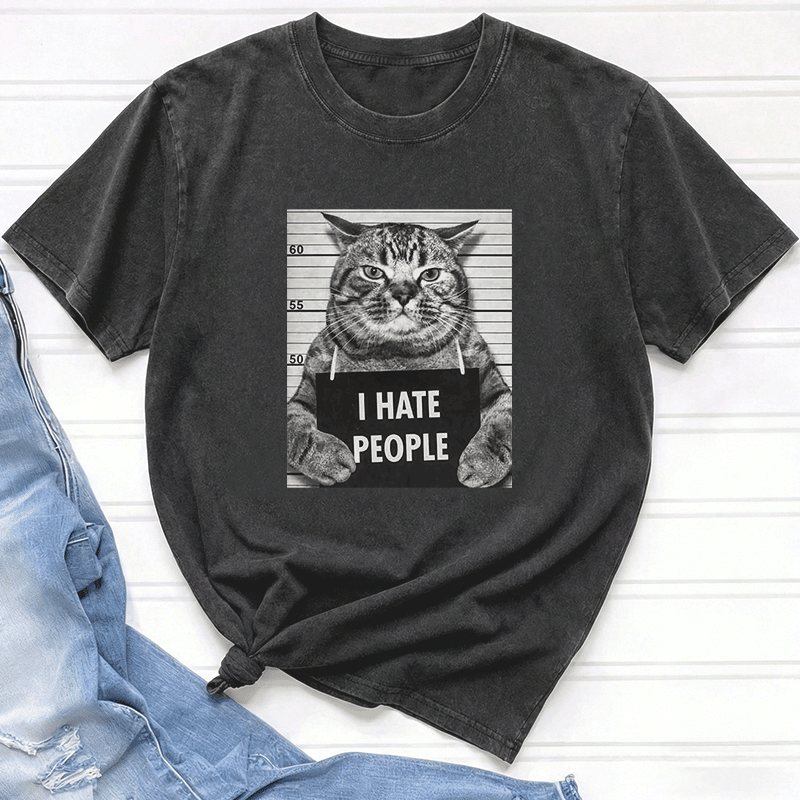 Ich hasse Menschen – Katzenmotiv – Modakawa Unisex Vintage Washed T-Shirt - image 1