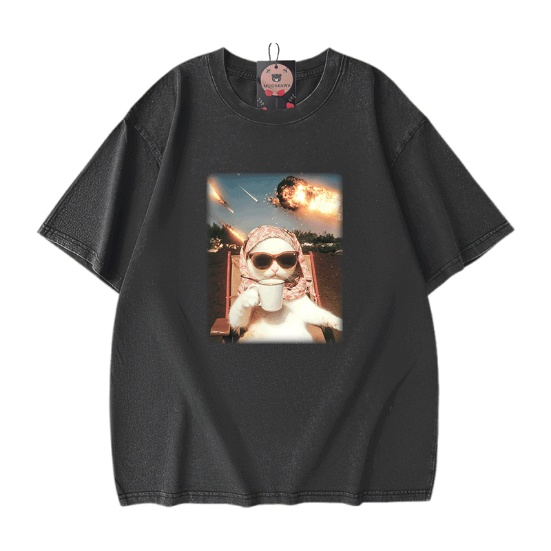 Modakawa Unisex Vintage Washed T-Shirt mit Katzenmotiv - Black - 5XL - image 2