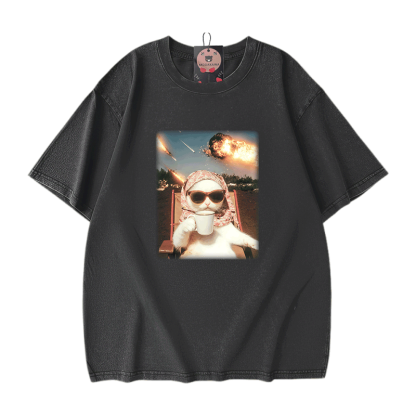 Modakawa Unisex Vintage Washed T-Shirt mit Katzenmotiv - Black - 5XL - image 2