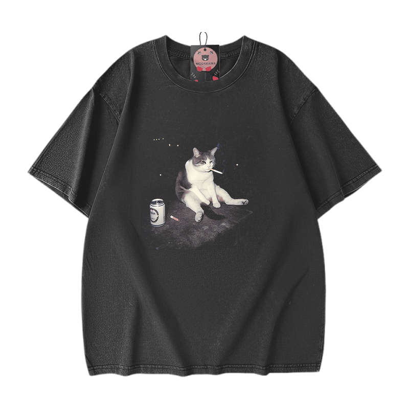 Modakawa Unisex Vintage Washed T-Shirt mit Raucherkatzen-Motiv - Black - 5XL - image 2