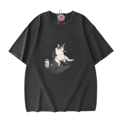 Modakawa Unisex Vintage Washed T-Shirt mit Raucherkatzen-Motiv - Black - 5XL - image 2