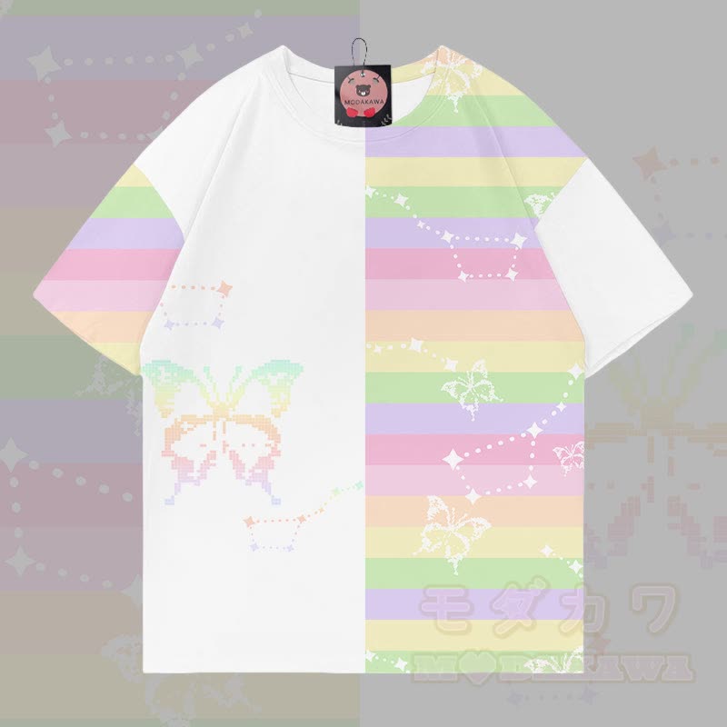 Modakawa Farben Block T-Shirt mit Pixel-Schmetterlingsgrafik - Weiß - 5XL - image 2