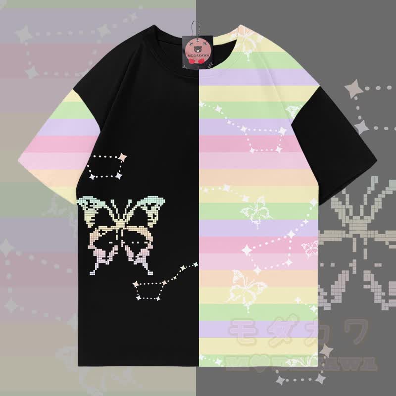 Modakawa Farben Block T-Shirt mit Pixel-Schmetterlingsgrafik - Schwarz - 5XL - image 1