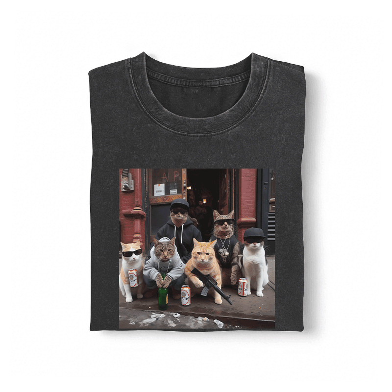 Street Cat Crew Grafik Modakawa Unisex Vintage Washed T-Shirt - image 1