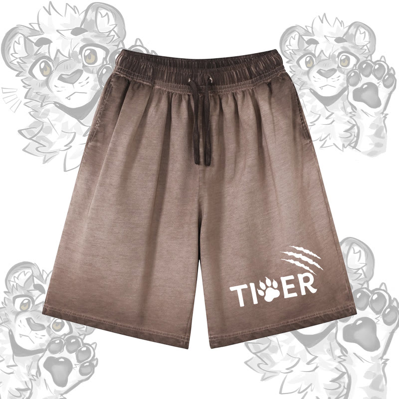 Modakawa Shorts aus 100 % Baumwolle mit Tigerpfoten-Motiv, Vintage-Waschung und Used-Look - Brown - 5XL - image 1