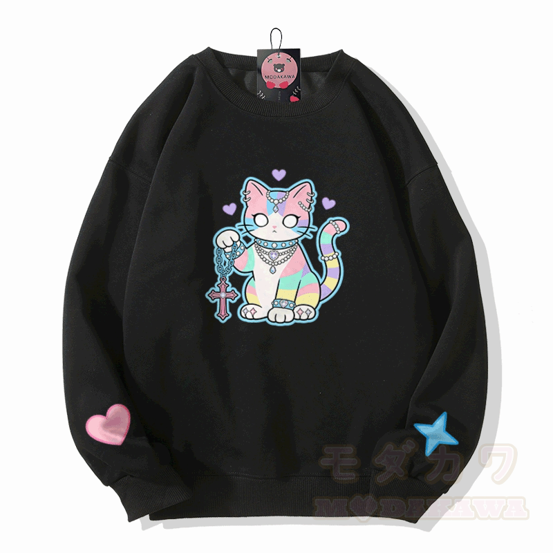 Modakawa Sweatshirt mit Astrologie-Katzenmotiv - Schwarz - 5XL - image 1