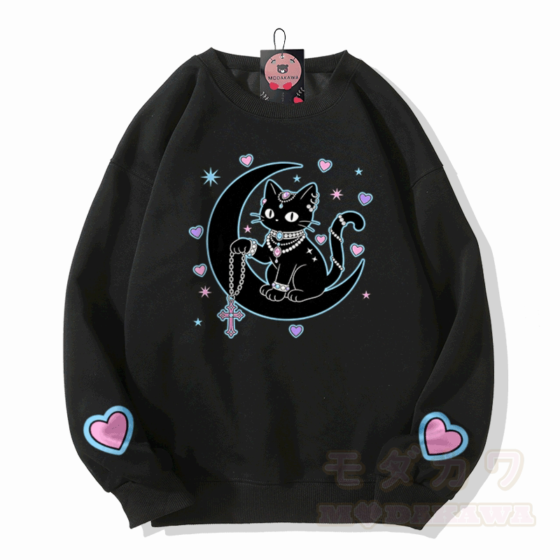 Modakawa Sweatshirt mit Astrologie-Motiv und schwarzer Katze - Schwarz - 5XL - image 2