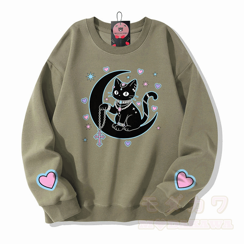Modakawa Sweatshirt mit Astrologie-Motiv und schwarzer Katze - Hellkhaki - 5XL - image 1