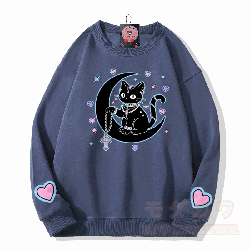 Modakawa Sweatshirt mit Astrologie-Motiv und schwarzer Katze - Staubiges Blau - 5XL - image 6
