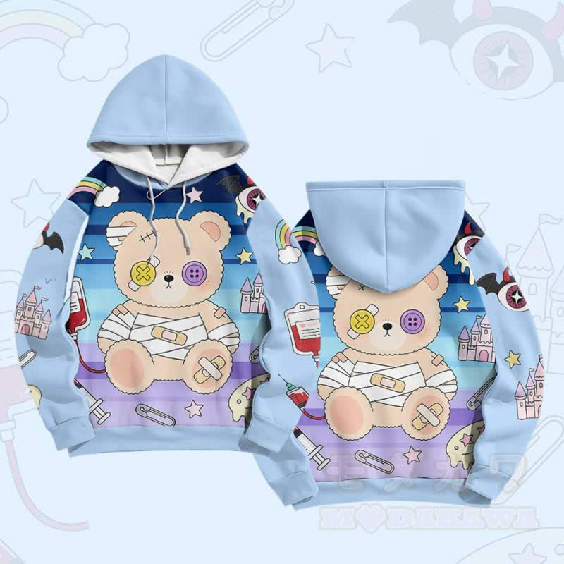 Patchwork Bear Graphic Modakawa Farben Block Pullover Hoodie - Blau - 6XL - image 3