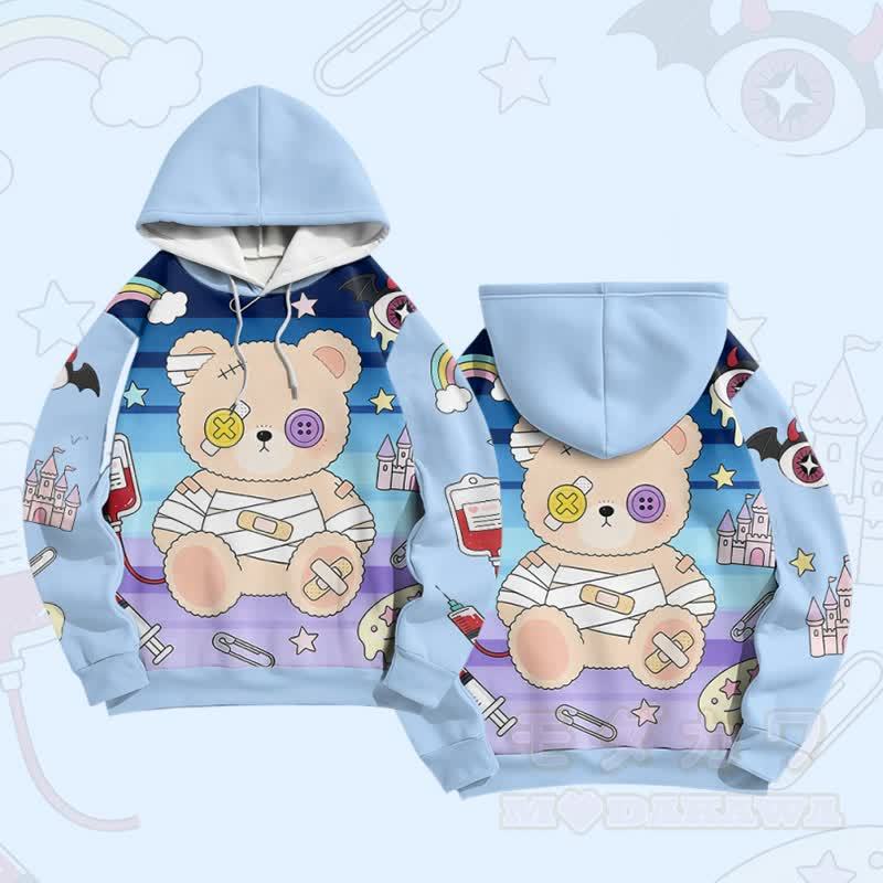 Patchwork Bear Graphic Modakawa Farben Block Pullover Hoodie - Blau - 6XL - image 3