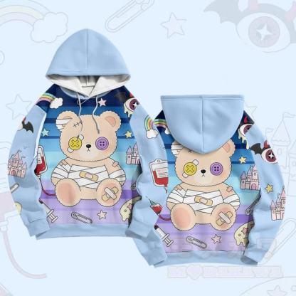 Patchwork Bear Graphic Modakawa Farben Block Pullover Hoodie - Blau - 6XL - image 3