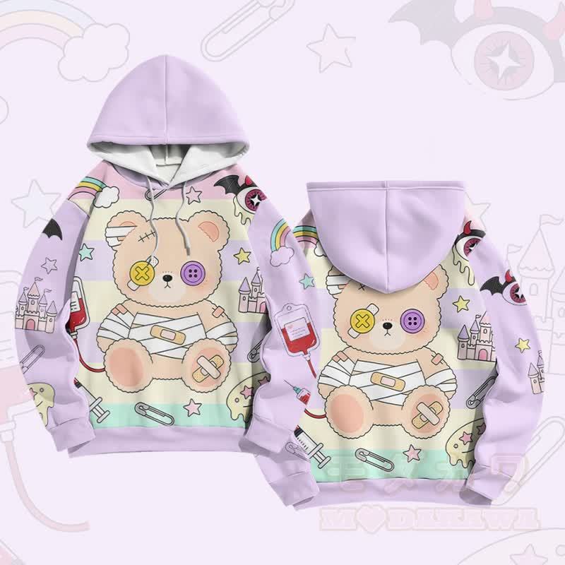 Patchwork Bear Graphic Modakawa Farben Block Pullover Hoodie - Lila - 6XL - image 2