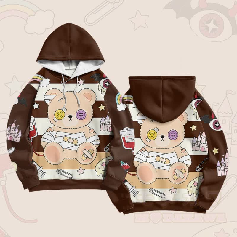 Patchwork Bear Graphic Modakawa Farben Block Pullover Hoodie - Braun - 6XL - image 5