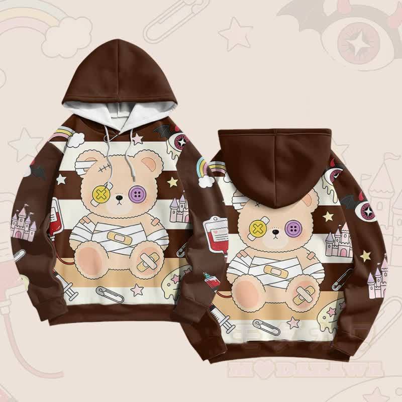 Patchwork Bear Graphic Modakawa Farben Block Pullover Hoodie - Braun - 6XL - image 5