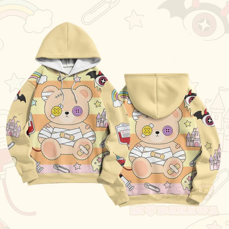 Patchwork Bear Graphic Modakawa Farben Block Pullover Hoodie - Gelb - 6XL - image 4