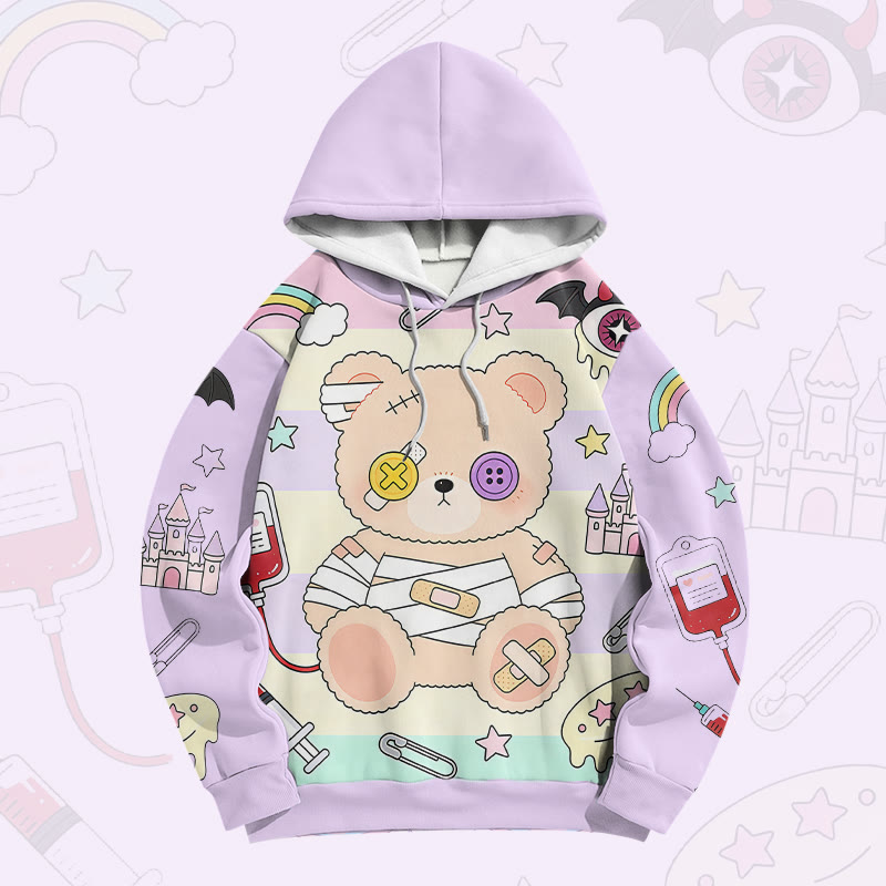 Patchwork Bear Graphic Modakawa Farben Block Pullover Hoodie - image 1