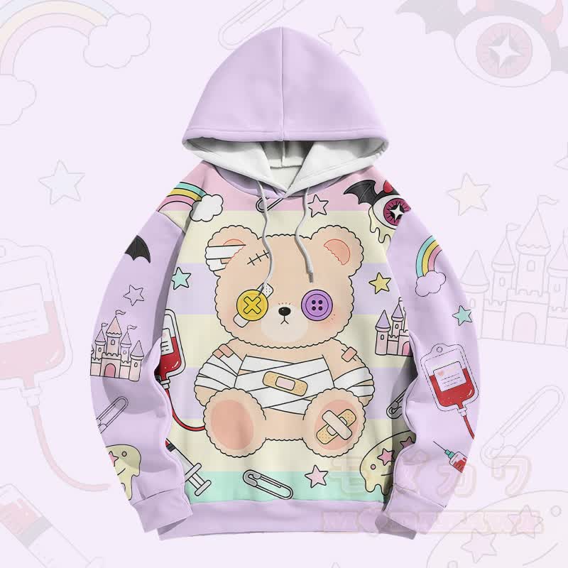 Patchwork Bear Graphic Modakawa Farben Block Pullover Hoodie - image 1