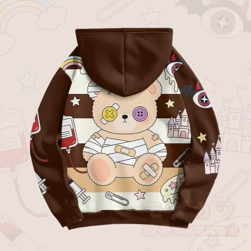 Patchwork Bear Graphic Modakawa Farben Block Pullover Hoodie - image 6