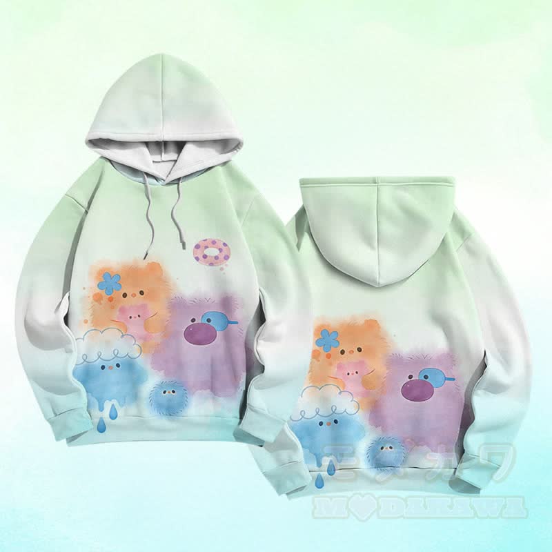 Flauschiger, bunter Modakawa-Pullover-Hoodie mit Monstergrafik und Farben -Design - Grün - 6XL - image 3