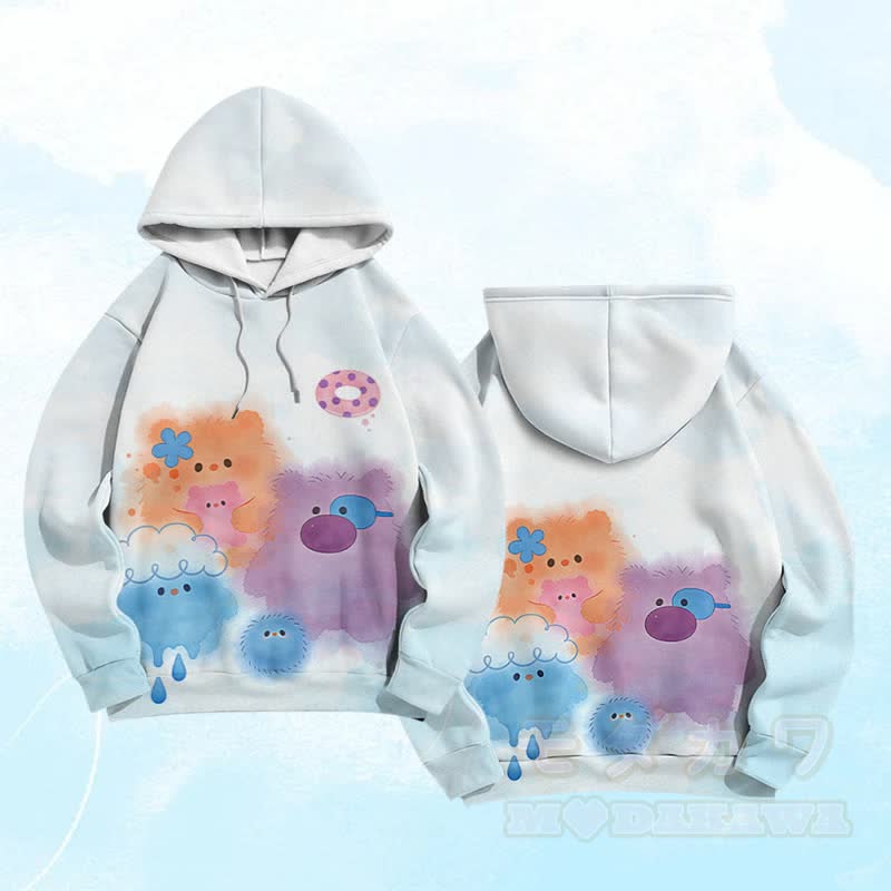 Flauschiger, bunter Modakawa-Pullover-Hoodie mit Monstergrafik und Farben -Design - Blau - 6XL - image 1