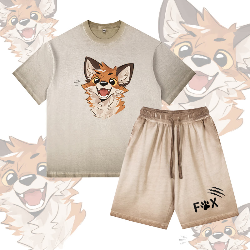 MODAKAWA X atka Happy Fox Graphic Vintage Washed T-Shirt FOX Letter Graphic Shorts Gradient Two Pieces Set - Khaki - 5XL - image 1