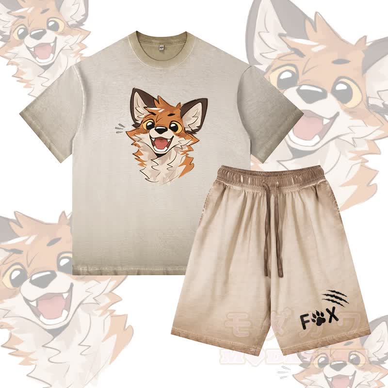 MODAKAWA X atka Happy Fox Graphic Vintage Washed T-Shirt FOX Letter Graphic Shorts Gradient Two Pieces Set - Khaki - 5XL - image 1